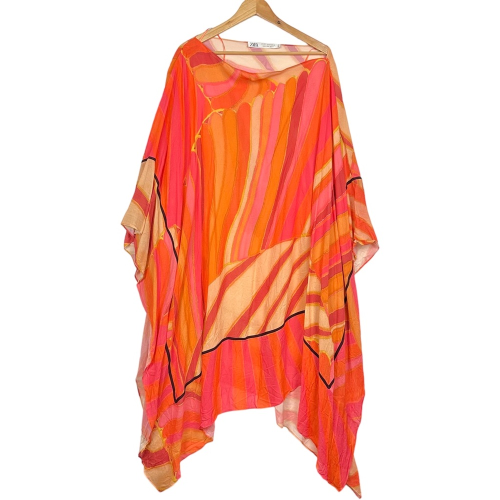Zara Limited Edition Blogger Favorite Abstract Chiffon Oversized Poncho Orange S - Picture 7 of 13